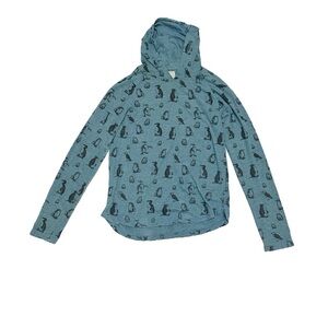 Alpha Beta Cerulean Penguin Print Lightweight Hoodie Pullover Long Sleeve Tee